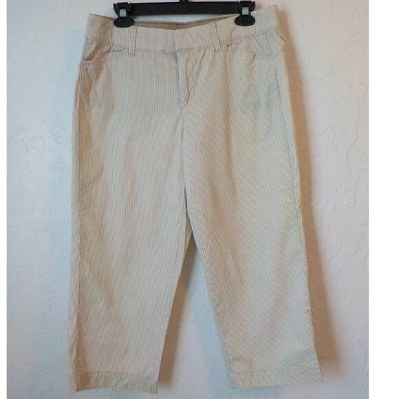 Intro Jonathan Ross Striped Capri Pants Women size 8 Petite Beige White Stretch - Picture 1 of 10